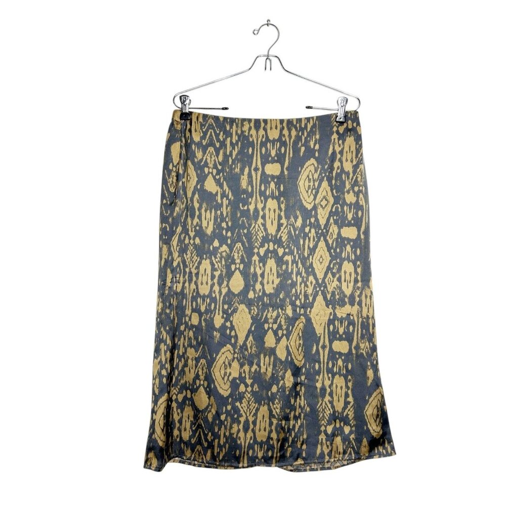 Dress Forum Silky Ikat Print Midi Skirt in Gray / Tan - Sz M - NWT